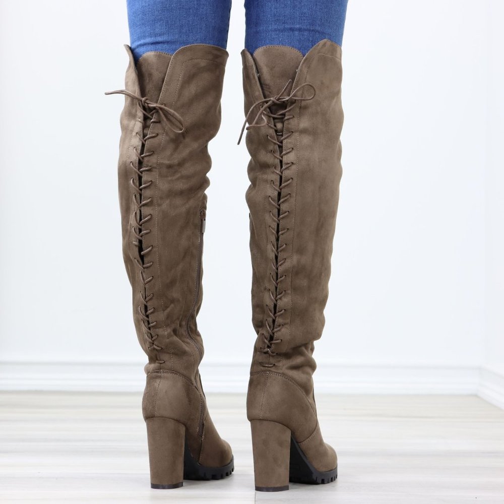 Lace-Up Back Taupe Faux Suede Thigh High Over The Knee Lug Block Heeled Boot - Picture 8 of 14